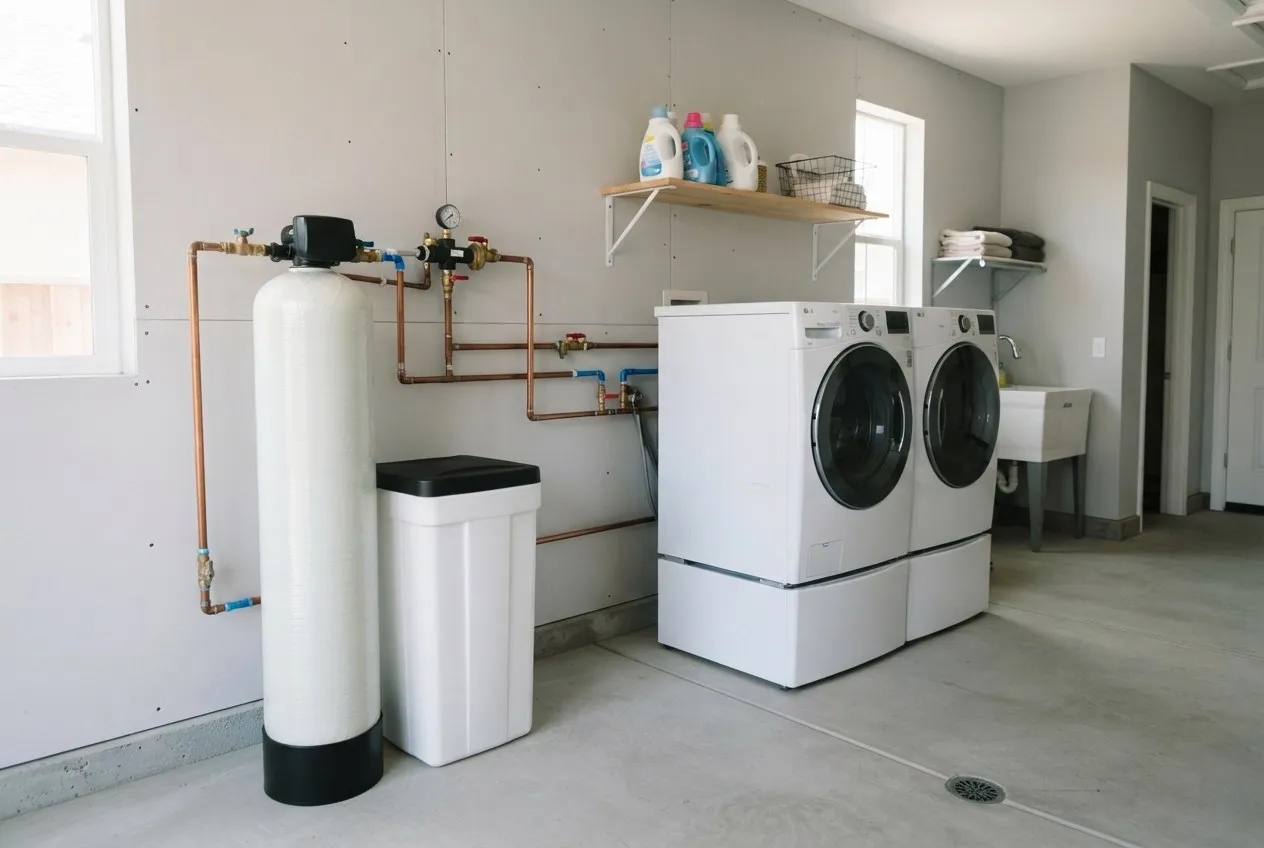 Water softener tank next to a washer and dryer in a garage