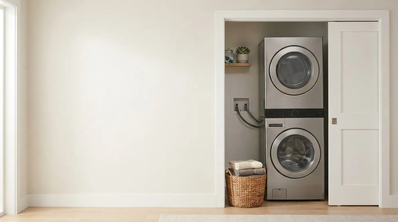 Stacked washer and dryer tower in a laundry closet