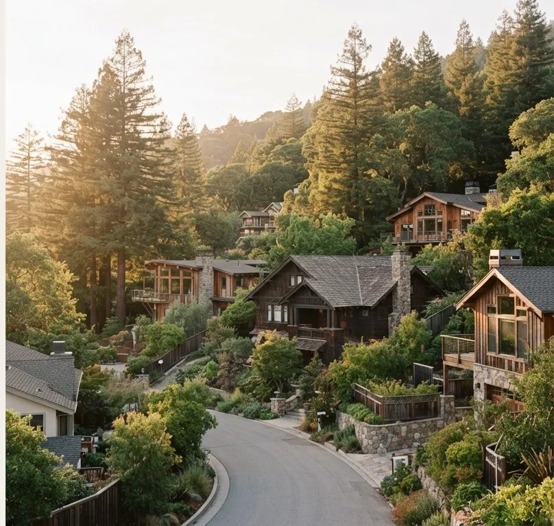 Homes on a wooded hillside above a winding road