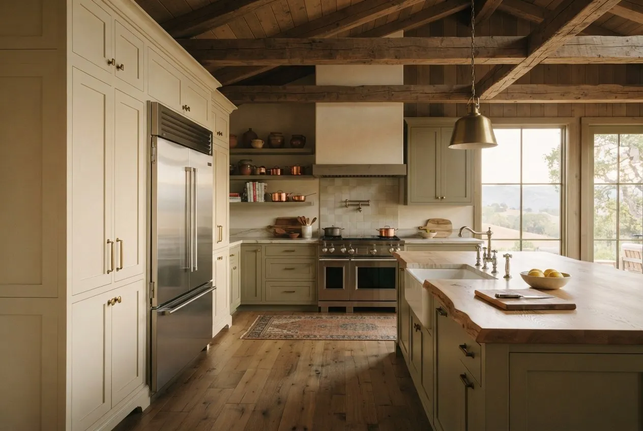 Large kitchen with a built-in refrigerator and a pro-style range under a hood