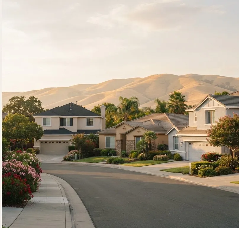 Two-story homes on a curving street below golden hills