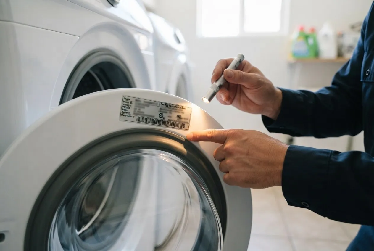 Hand pointing to the model and serial label on a front-load washer door rim