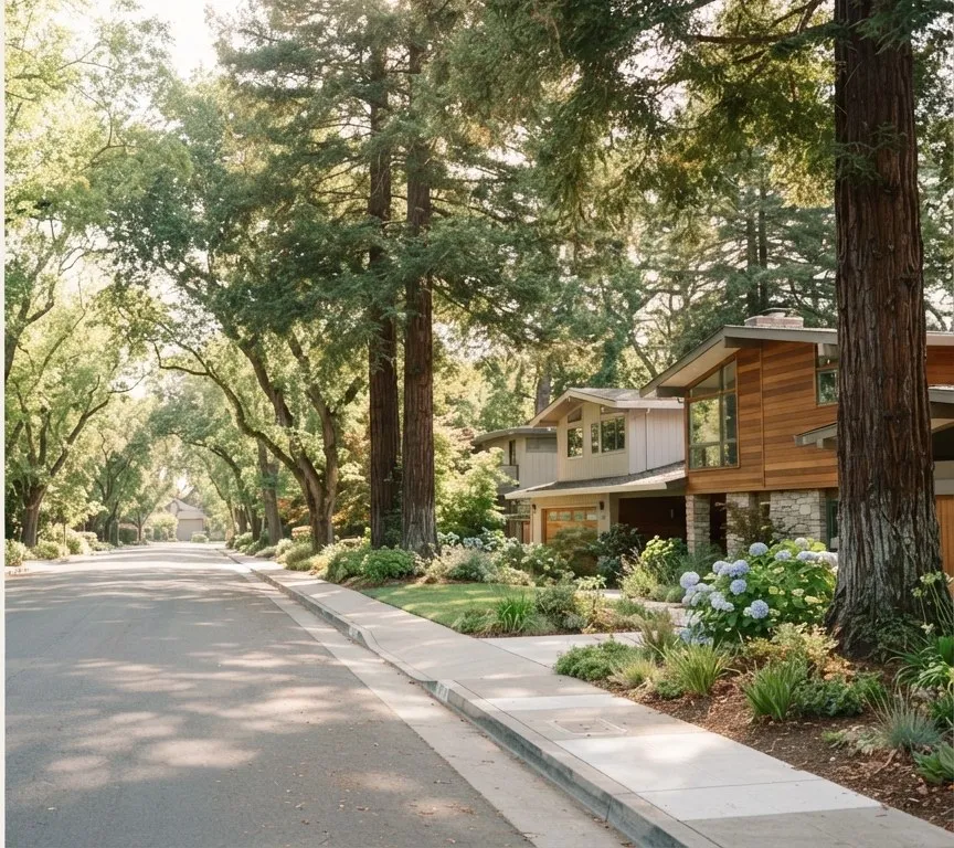 Homes set among tall trees on a quiet residential street