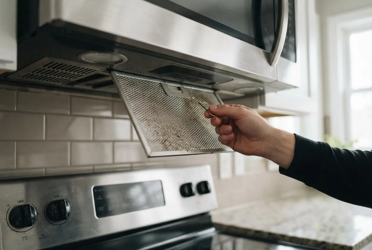 Grease filter slid out from under an over-the-range microwave