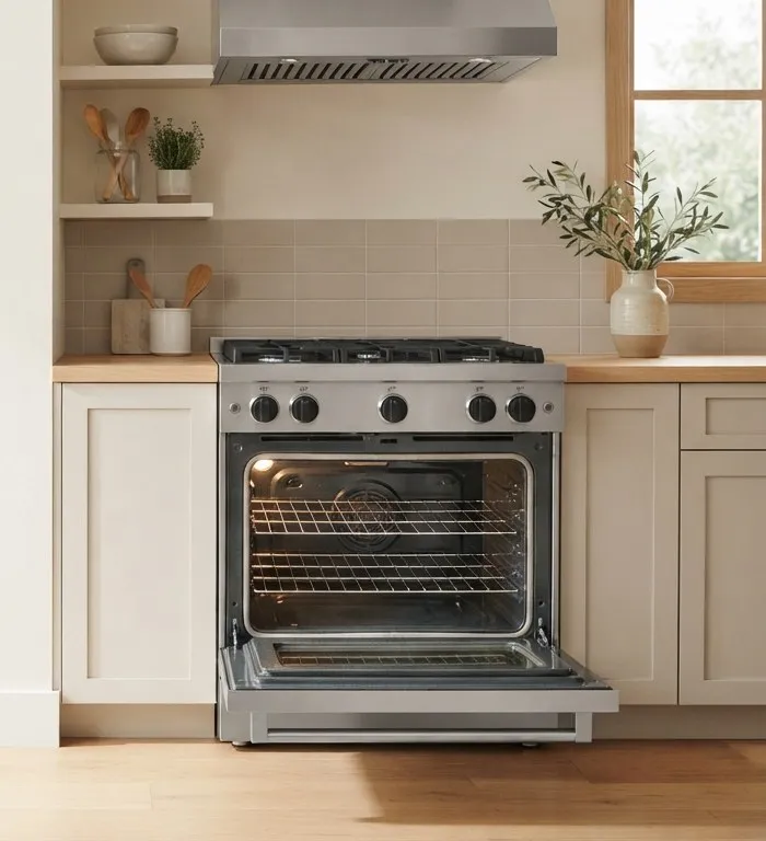 Stainless gas range with the oven door open