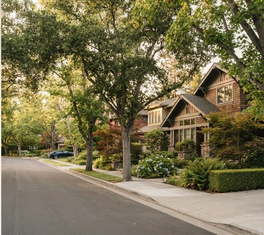 Shingled homes under large oak trees on a residential street