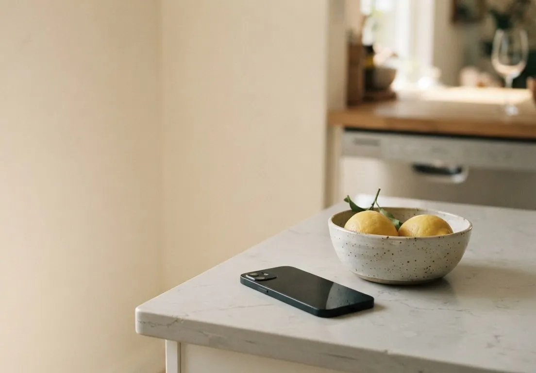 Phone lying face down on a kitchen island