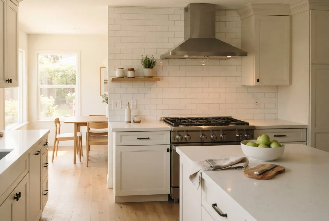 Pro-style range in a staged kitchen of a home for sale