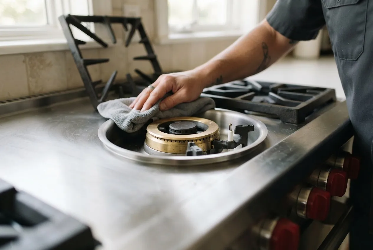 Hand wiping around a burner on a pro-style range with the grate lifted