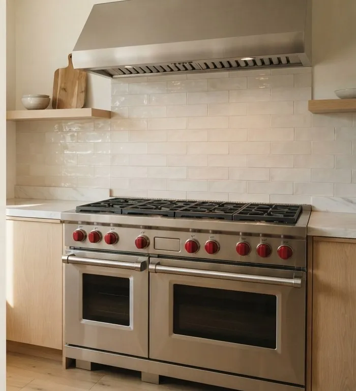 Pro-style dual-fuel range with red knobs and cast-iron grates