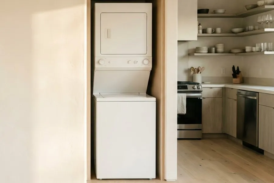 Stacked washer and dryer in a closet beside the kitchen