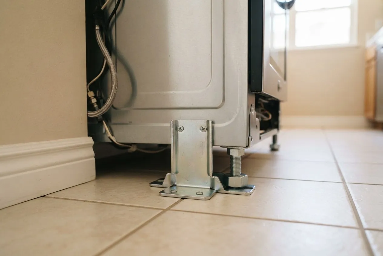 Anti-tip bracket fixed to the floor behind a range