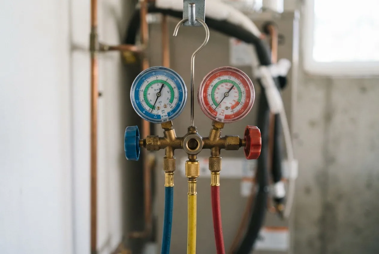 Refrigerant manifold gauges with blue, yellow and red hoses