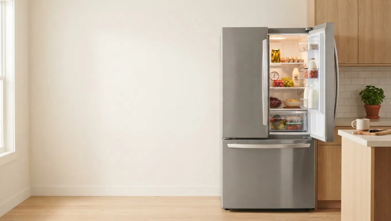 French-door refrigerator open with groceries on the shelves