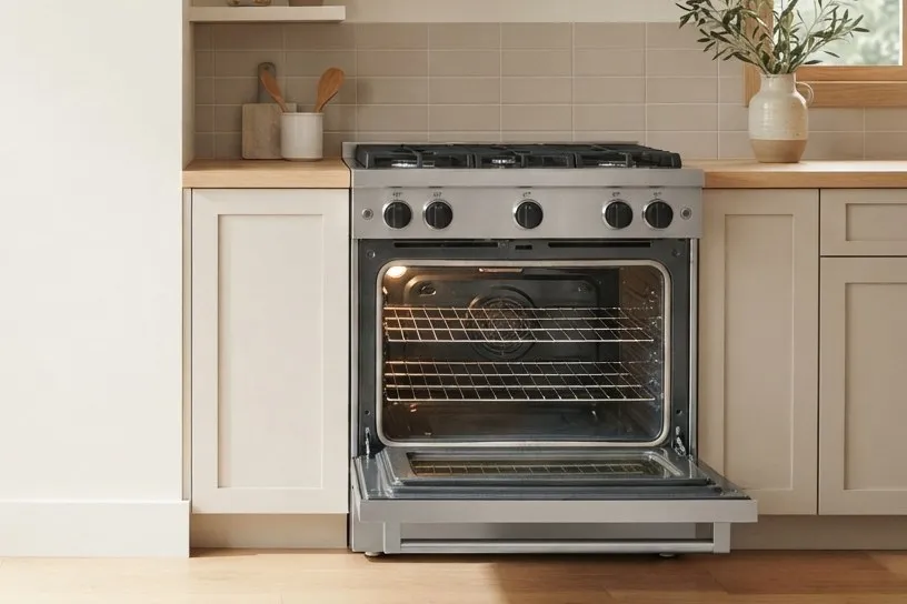 Remodeled kitchen with a stainless gas range and shaker cabinets