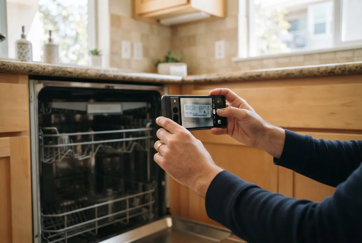 Renter photographing a broken dishwasher to send to the landlord