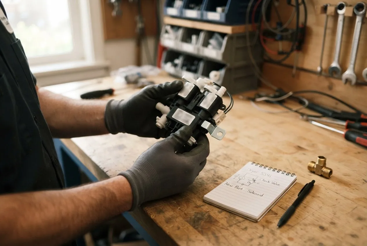 Gloved hands holding a replacement appliance valve at a workbench