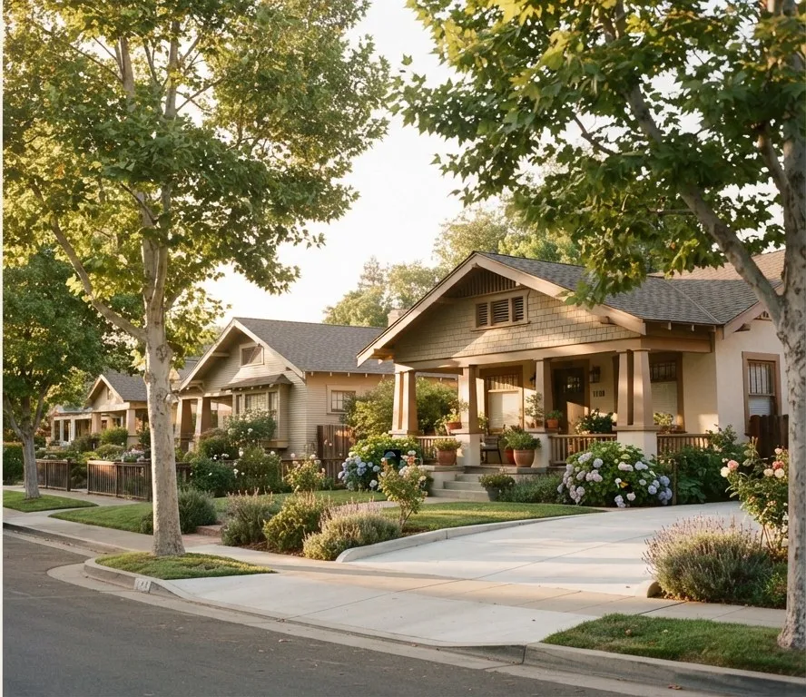 Craftsman-style bungalows on a tree-lined residential street