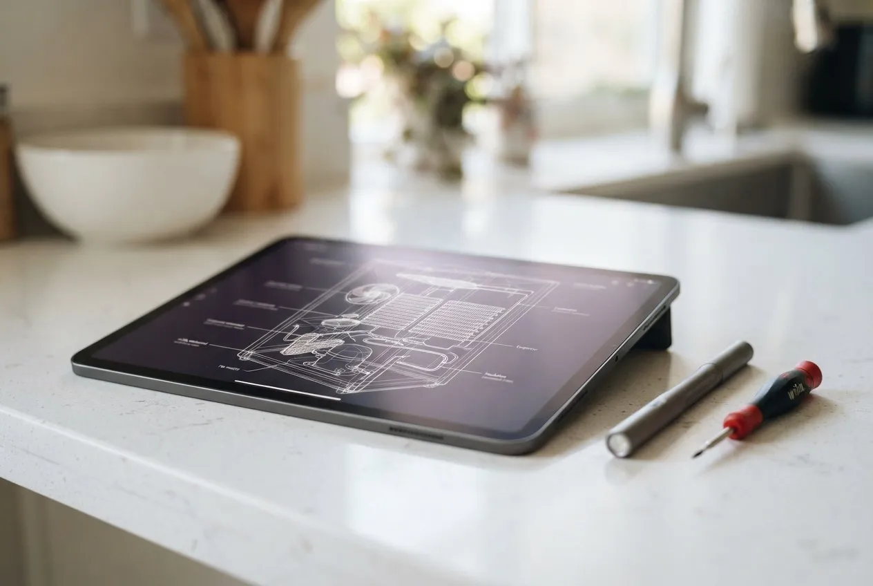 Tablet showing an appliance wiring diagram on a kitchen counter