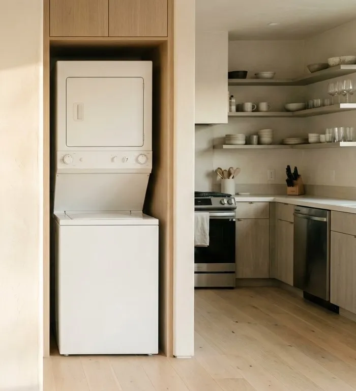 Stacked washer and dryer beside an open kitchen