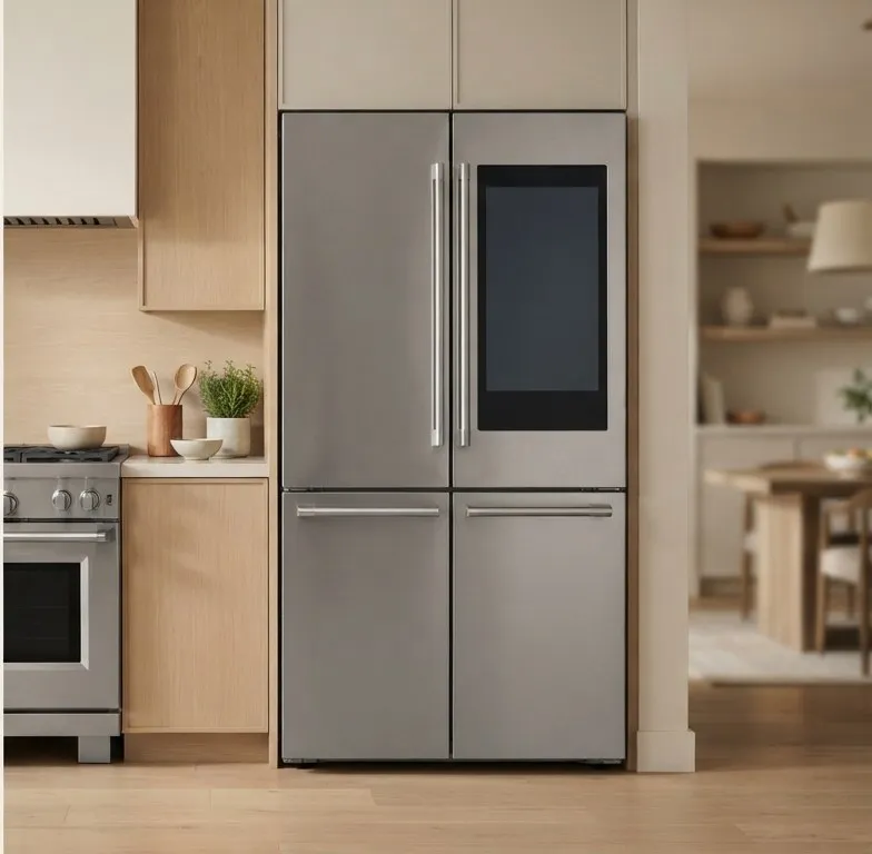 Four-door refrigerator with a built-in touchscreen panel