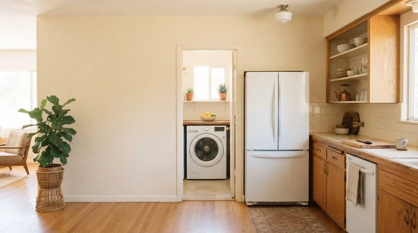 Cocina de una casa familiar con refrigerador y una lavadora en el cuarto de al lado