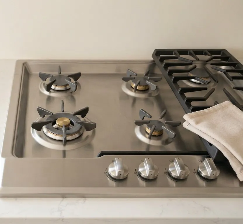 Stainless gas cooktop with a cloth resting on the grates