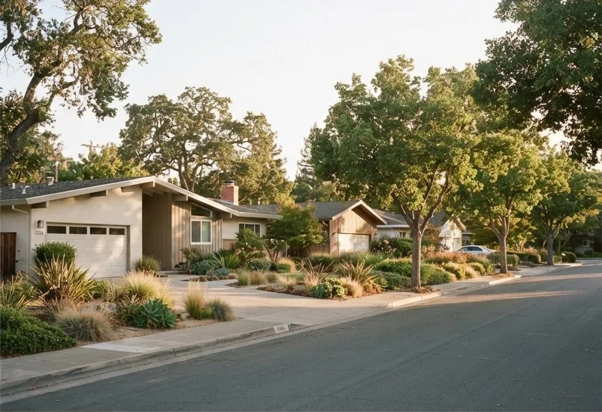 Single-story mid-century homes on a quiet tree-lined street