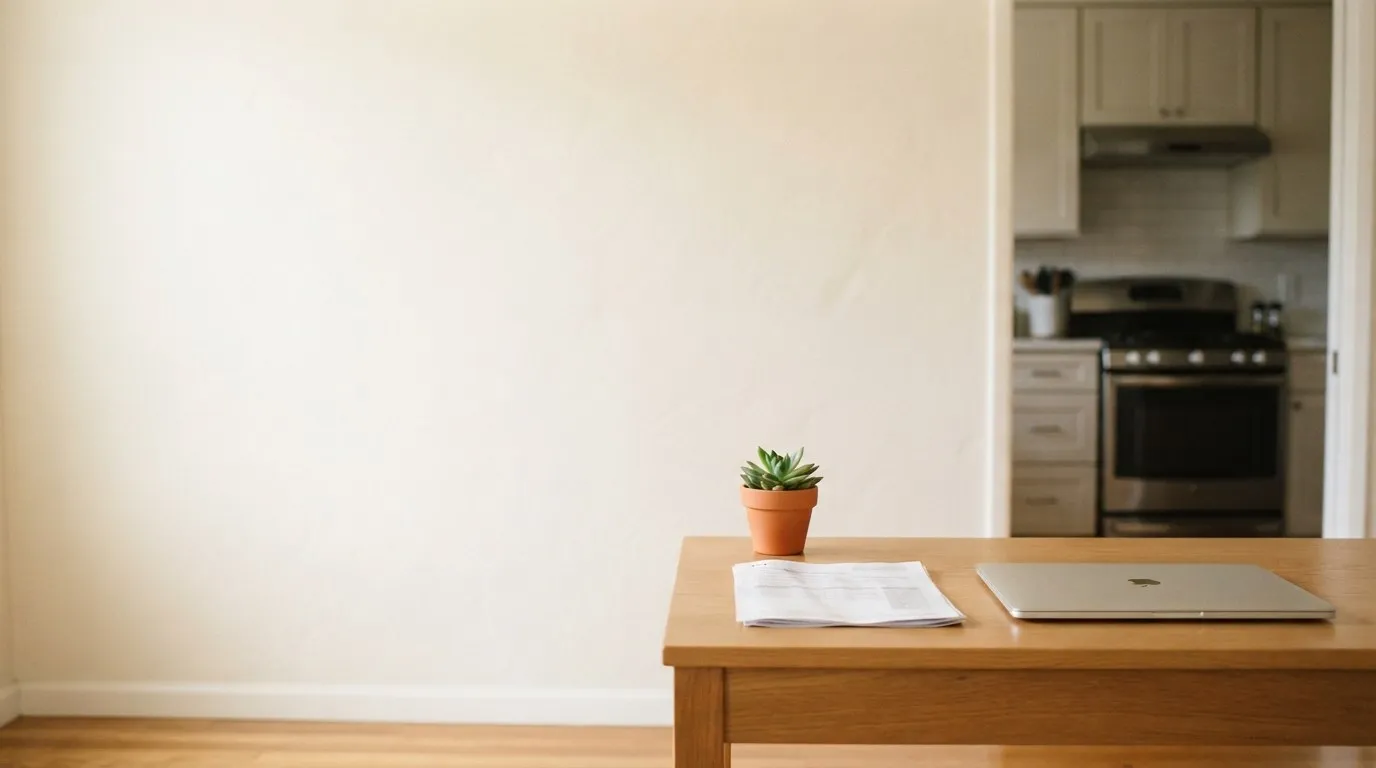 Desk with a laptop and papers near a kitchen doorway