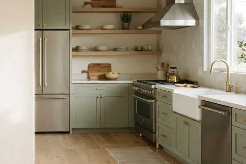 Kitchen with sage-green cabinets, a stainless refrigerator and a range