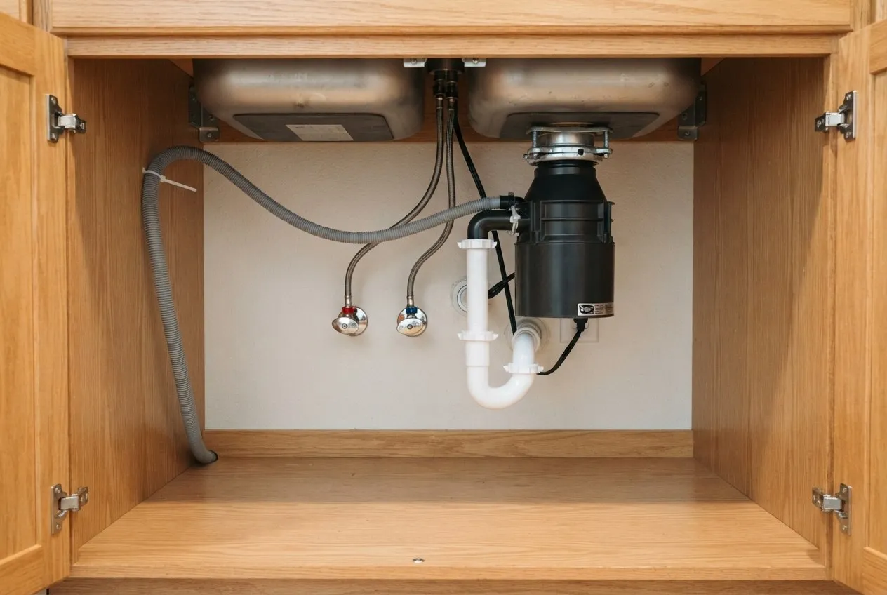 Under-sink cabinet with a disposal, drain trap and supply valves