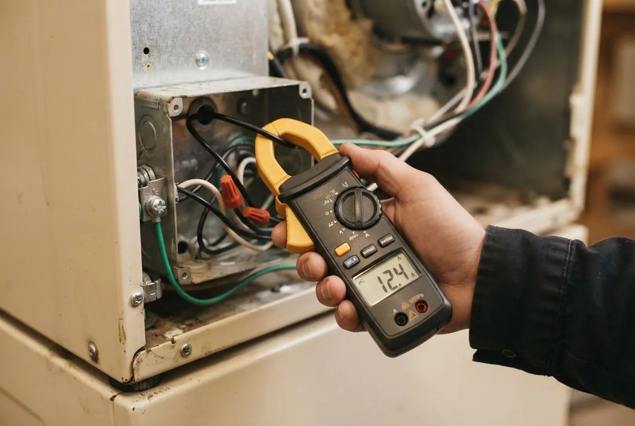 Hands testing the wiring inside an appliance with a clamp meter