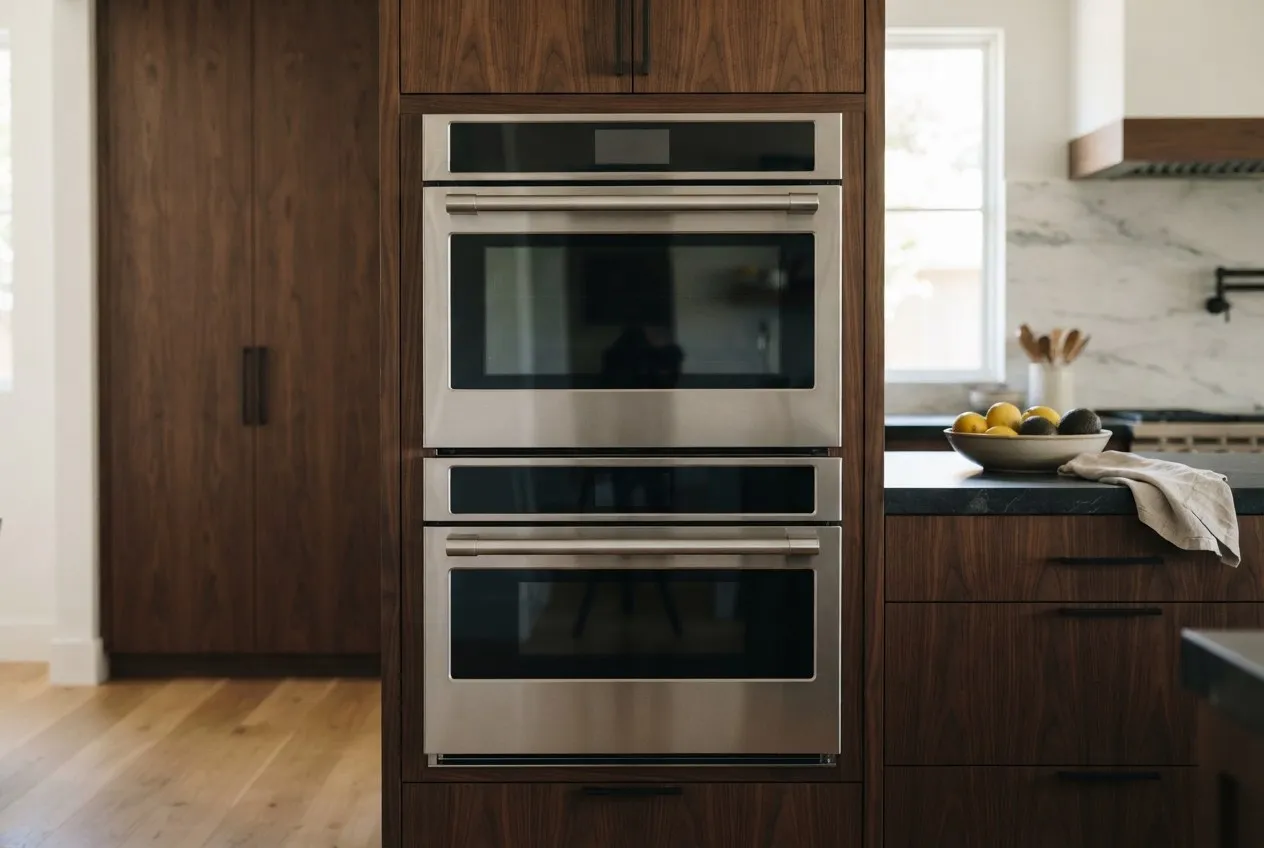 Built-in wall oven and steam oven stacked in cabinetry