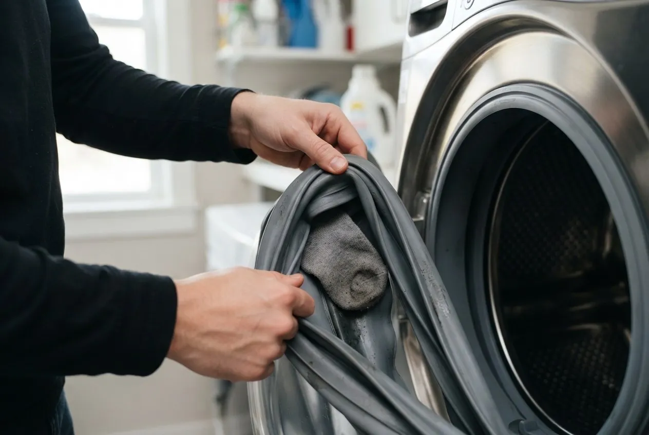 Front-load washer door gasket pulled back to check for debris