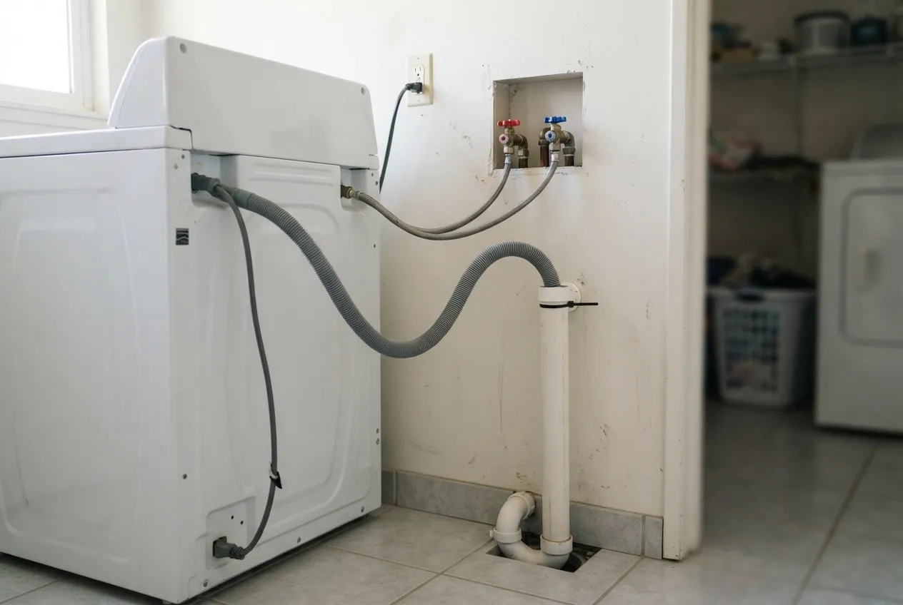Washer drain hose hooked into a standpipe behind a washing machine