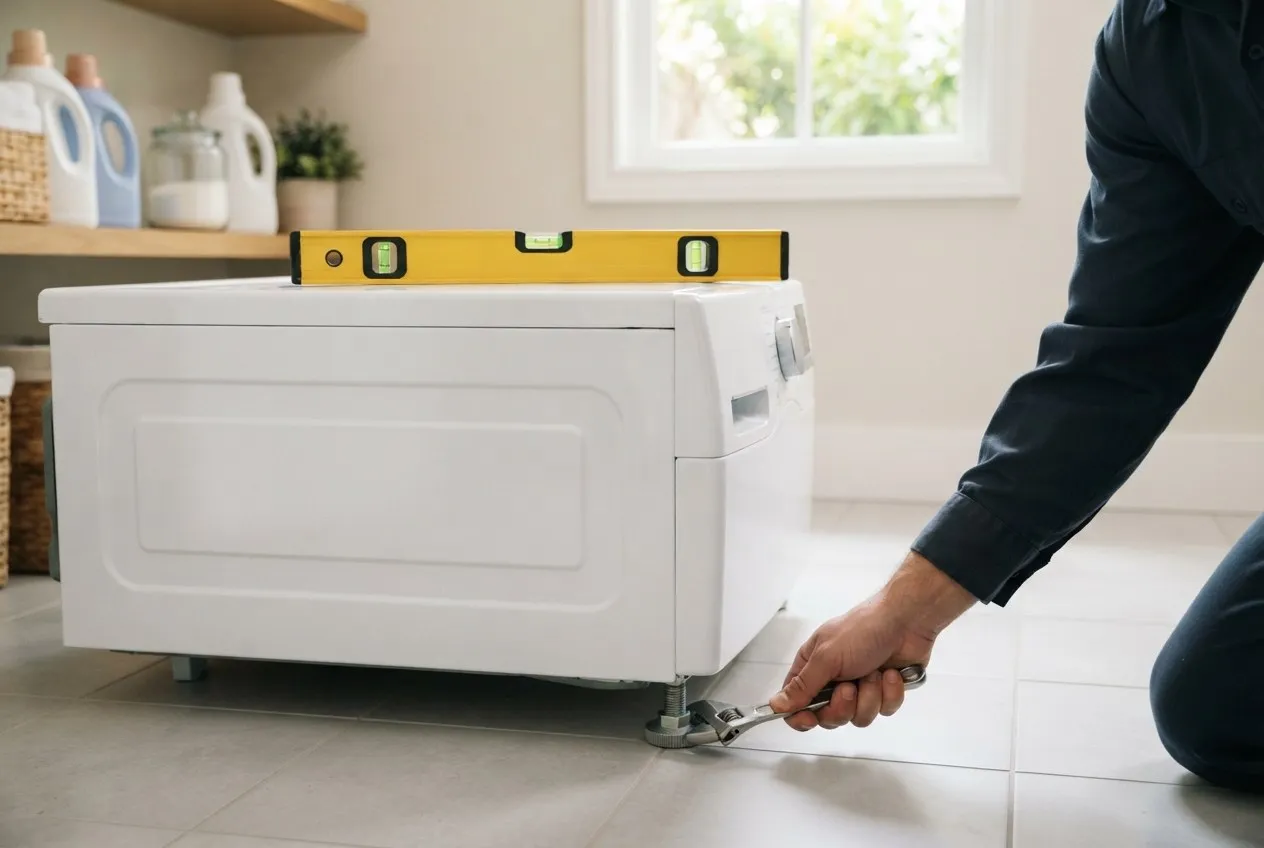 Spirit level on top of a washing machine