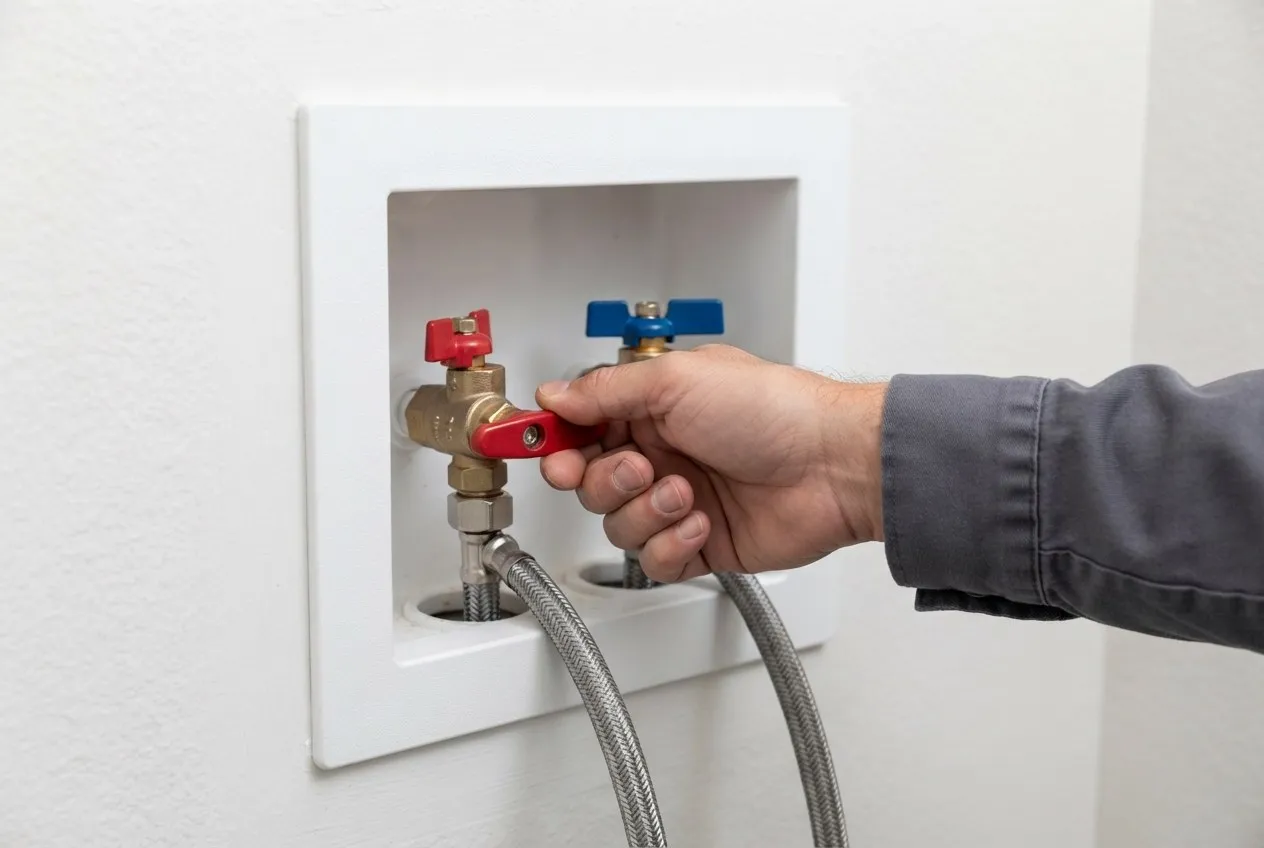 Hot and cold water supply valves above a washing machine