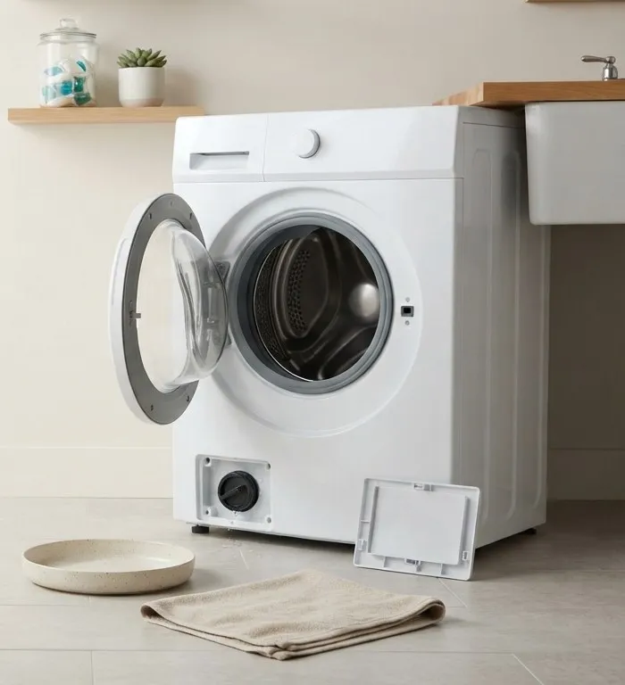 Front-load washer with the drain filter panel open and a towel on the floor