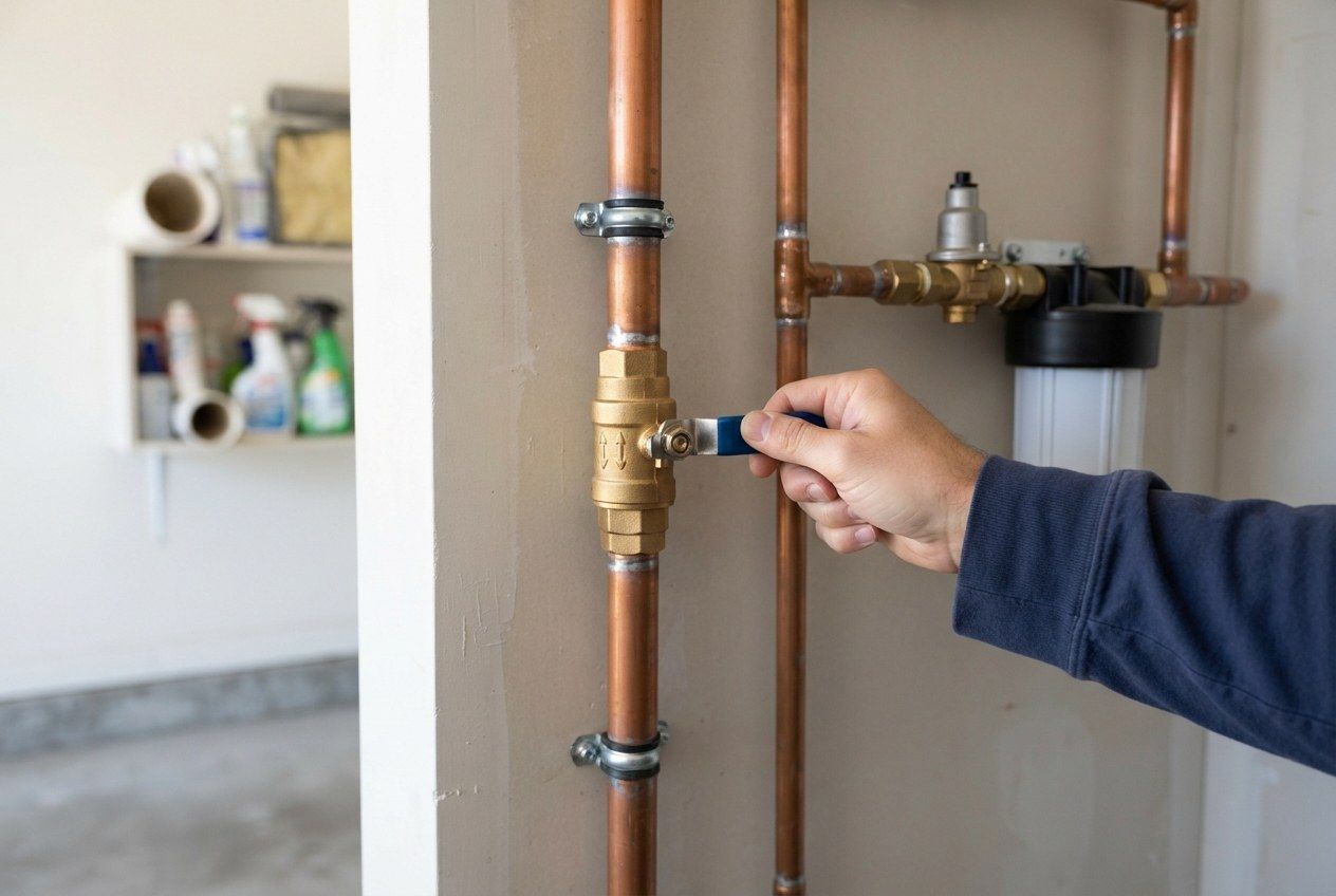 Hand turning a water shut-off valve on a copper supply line