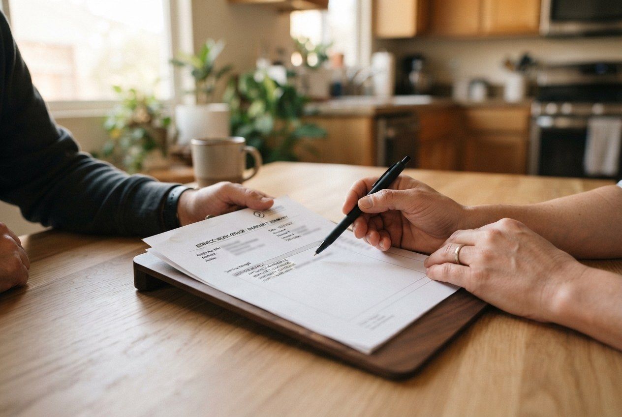 Hands reviewing a written repair estimate at a kitchen table